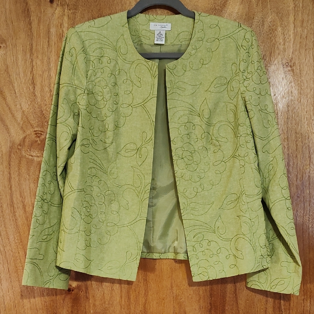 Kim Rogers Signature Open Front Jacket Lime Green Embroidered Linen Blend 10